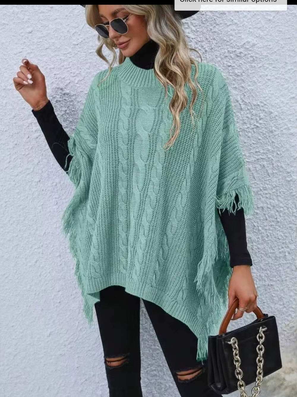 NWOT SHEIN Mint Green Cable Knit Fringe Poncho Sweater